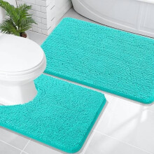 Set van 2 chenille badkamermatten - U-vormige toiletmat, machinewasbaar (91 x 61 cm + 61 x 51 cm, turquoise)