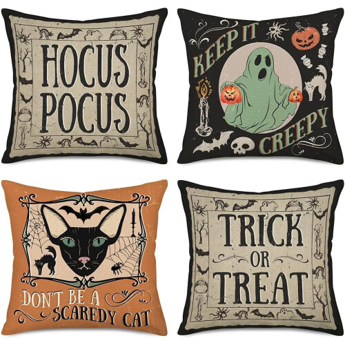 Conjunto de 4 capas de almofada de Halloween em algodão e linho, 50x50cm (20x20 polegadas).