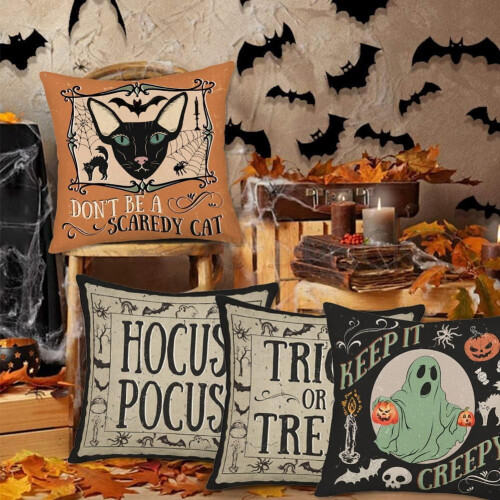 Conjunto de 4 capas de almofada de Halloween em algodão e linho, 50x50cm (20x20 polegadas). 2