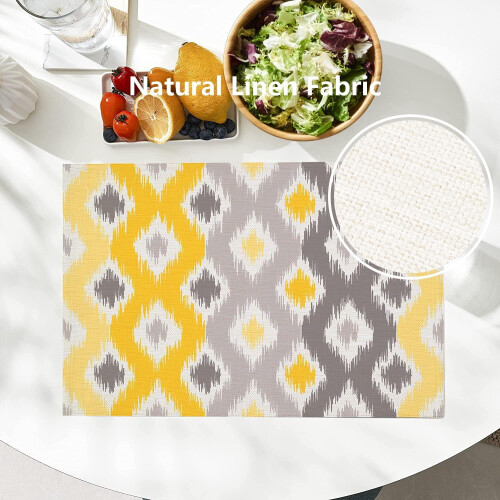 Set van 4 linnen placemats – Geelgrijs ikat design 1