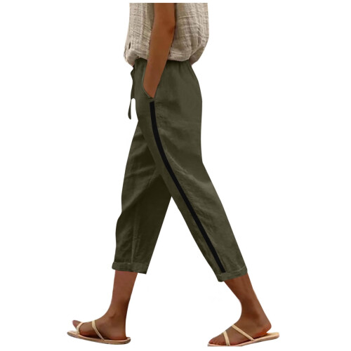 Γυναικείο Μονόχρωμο Παντελόνι Capris με Ρίγες στο Πλάι, Κορδόνι στη Μέση, με Τσέπες, 2