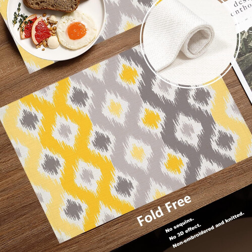Set van 4 linnen placemats – Geelgrijs ikat design 2