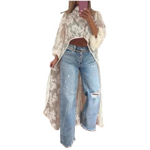 Top da donna a maniche lunghe in pizzo con intagli - Bluse basic taglie forti con orlo lungo ed elasticizzato (S-3XL)