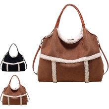 Dámska semišová kabelka s podšívkou z imitácie jahňacej vlny, vintage crossbody kabelka z jahňacej vlny, volná plyšová kabelka s