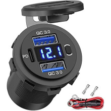 12V USB-billaddare: Dubbel 18W QC3.0 + 30W PD, voltmeter, strömbrytare, vattentät — Kompatibel med bil/båt/lastbil/husbil
