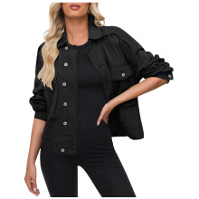 Dame Denimjakker Knapper Langærmet Lapel Basic Jeansjakke Ensfarvet Trendy Truckerfrakker med Lommer