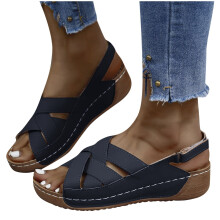 Sandali neri da donna, sandali da donna, sandali estivi casual a tinta unita con zeppa e cinturino a bocca di pesce, neri, taglia 7.5