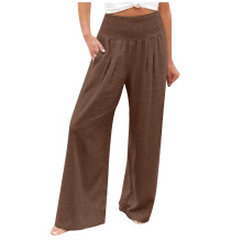 Calça feminina QLEICOM, modelagem reta e confortável, sem amassar, cintura alta elástica, pernas largas – ideal para a praia.