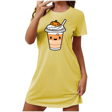 Cool Halloween pyžamá Plus Size Cartoon Potlač krátky rukáv šaty s okrúhlym výstrihom z mäkkého polyesteru a spandexu S-2XL na teplé