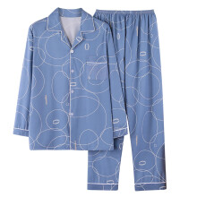 Damespyjamaset, casual top met lange mouwen en lange broek, huispak, pyjamaset met lange broek, marineblauw, XXL