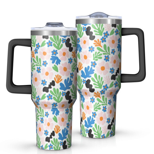 Ποτήρι Pioneer με 40oz, μονωμένο με λαβή και σχέδιο λουλουδιών, καπάκι και καλαμάκια