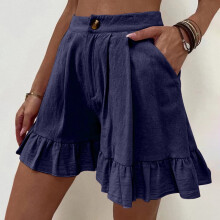Shorts esportivos femininos QLEICOM, tamanho grande, cintura alta, modelagem solta com babados e pernas largas, ideais para ioga, corrida e ciclismo,