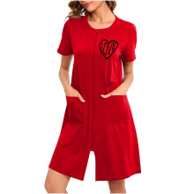 Damen-Nachthemd zum Valentinstag, langes Nachthemd mit Reißverschlusstasche vorne, Polyester-Spandex-Gewebe, Herzchenmuster, weicher Lounge-Pyjama