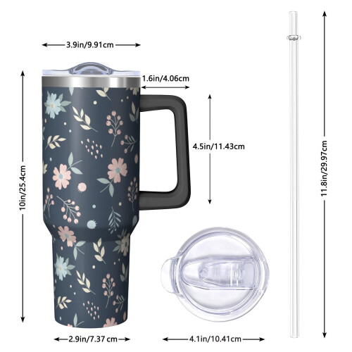 Ποτήρι Pioneer με 40oz, μονωμένο με λαβή και σχέδιο λουλουδιών, καπάκι και καλαμάκια 1