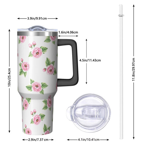 Ποτήρι Pioneer με 40oz, μονωμένο με λαβή και σχέδιο λουλουδιών, καπάκι και καλαμάκια 1