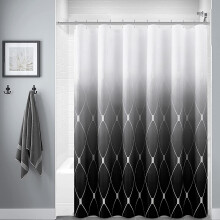 Perdea de duș alb-negru, model geometric, 183x183 cm, impermeabilă, lavabilă la mașină, 12 cârlige