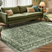Vintage Green 4x6 Area Rug, Retro Washable Non-Slip Low-Pile Faux Wool Carpet for Living Room, Bedroom, Kitchen, Office, Dorm, Dining Room