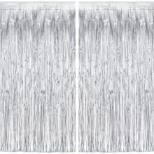 Silvermetalliska serpentiner bakgrund – glittergardin med foliefransar, 2,4 m x 90 cm, 2-pack, kompatibel med NYE2026, födelsedagar, bal, examen,