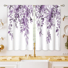 Köksgardiner med eukalyptusfärgade botaniska lila blommiga färger 61x61 cm, lantliga våningsgardiner för handfat, badrum och caféfönster