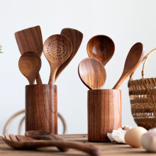 Ensemble de spatules en bois de qualité supérieure pour ustensiles de cuisine antiadhésifs – Résistantes aux rayures et à la chaleur, manche