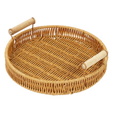 Plateau de service rond en rotin tressé à la main avec poignées – Panier en osier tressé pour fruits, pain, table basse, petit-déjeuner et