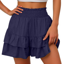 Shorts fluidos femininos casuais estilo boho com babados em camadas, saias-shorts de cintura alta, minissaias de linho para tênis.
