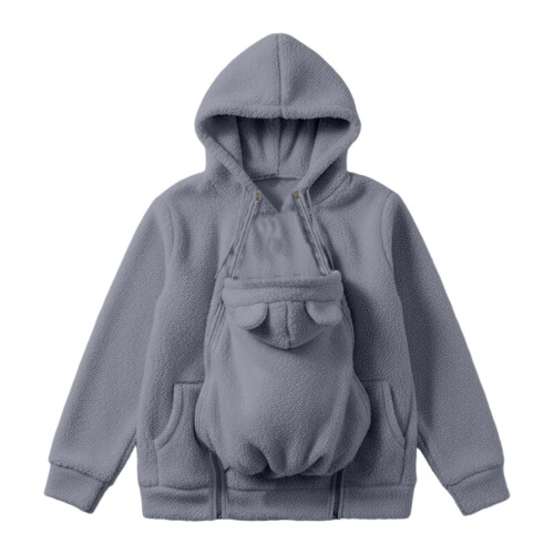 Jaqueta de inverno para gestantes, cinza, com capuz e zíper.