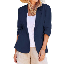 Damen-Blazer aus hellblauem Leinen, ellbogenlang, mit elastischen, gerafften Ärmeln und Taschen – ideal für Büro und Freizeit.