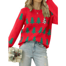 Suéter feminino de tricô com estampa de árvore de Natal em lantejoulas, gola redonda e mangas compridas.