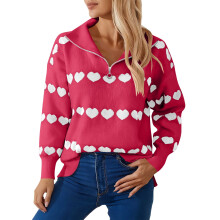 Damegenser med hjertetrykk og glidelås, Valentinsdag, V-hals, strikket cardigan, avslappet, løs passform, romantisk, høytidsantrekk, S-2XL