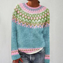 Suéter feminino Knitted Isle Print Retro Sweater Loose Crewneck Sleeve Pullover Tops Pink