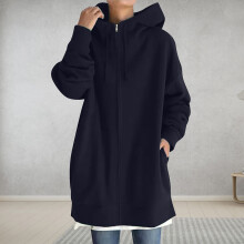 Felpa con cappuccio e zip da donna blu scuro tinta unita, modello tunica lunga con tasche, taglie forti, caldo capospalla invernale di media lunghezza