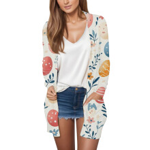 Paasvest voor dames, open voorkant, lichtgewicht, casual vest met paasei- en konijnenprint, losvallend bovenkledingstuk met zakken.