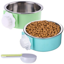 2 Pieces Crate Dog Bowl, Removable Stainless Steel Pet Kennel Hanging Food Water Feeder Bowl Cage Coop Cup with Spoon