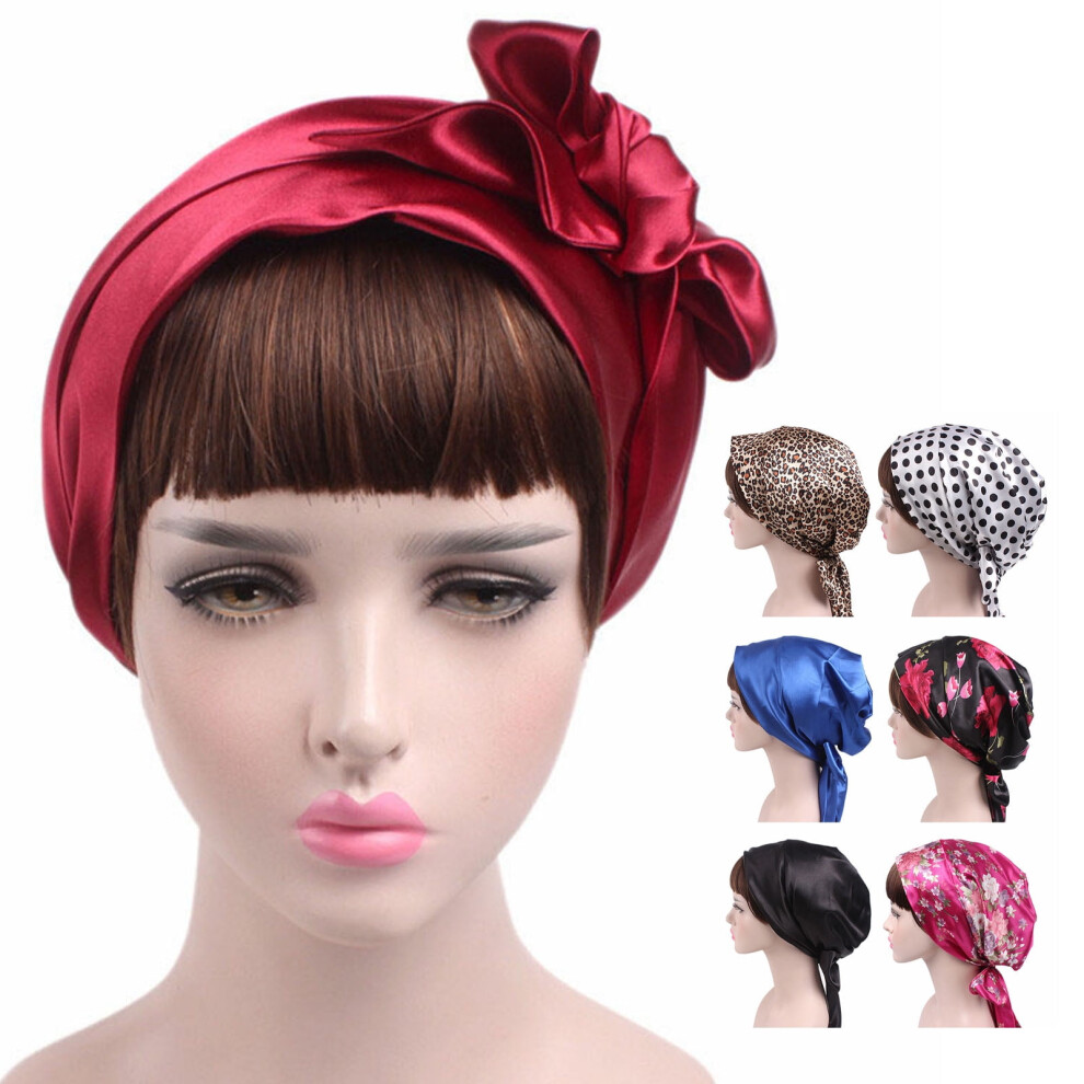 Silk Chemo Cap, Headwear Elastic Turbans for Women Long Hair Head Scarf Headwraps Polyester Bowknot Printing Hat