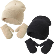 Set di 2 pezzi per neonati: berretto e guanti, caldo e morbido in maglia per l'inverno, unisex per bambini e bambine (beige e nero, 2-5 anni)