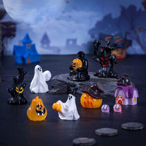 Conjunto de miniaturas de abóboras de resina para o Halloween com bruxa e 2
