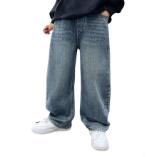 Trendy Washed Wide Leg Jeans for Boys, High Elastic Waist, Casual Loose Denim Trousers with Pockets, E Blue, Size 12-13