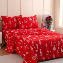 Juego de sábanas infantiles tamaño matrimonial con diseño de árbol de Navidad rojo, 4 piezas, sábanas de microfibra suaves estampadas con