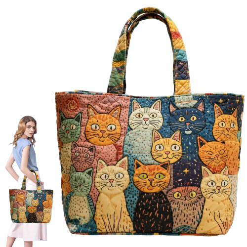 Bolsa de lona acolchoada divertida com bordado de gatos e livros. 2