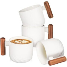 Ceramic Espresso Cups with Wooden Handle, 60ml, Set of 4 Demitasse Cups, Microwave & Dishwasher Safe
