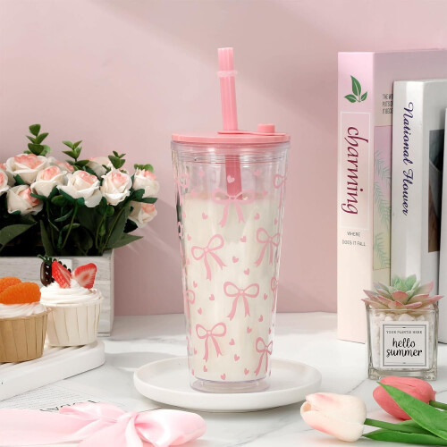 Bicchiere termico in plastica rosa da 710 ml con fiocco, coperchio e cannuccia 2