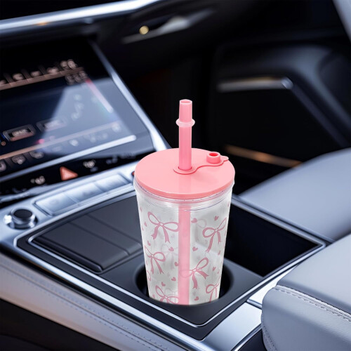 Bicchiere termico in plastica rosa da 710 ml con fiocco, coperchio e cannuccia 1