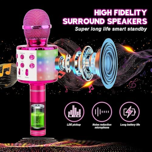 Microfone de karaokê sem fio com luzes LED 4 em 1 - Roxo 2