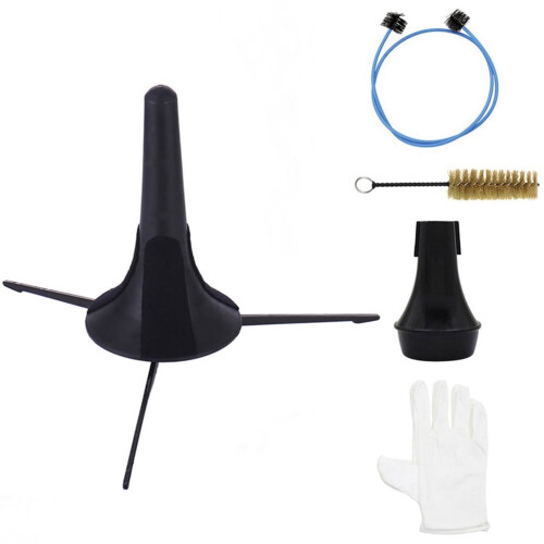 Kit de limpeza para trompete com suporte, escova e surdina.