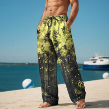 Heren linnen broek met elastische taille en rechte pijpen, geel