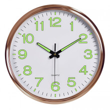 DESIGNICE Atomic Analog Wall Clock, Silver Brushed, Auto-Set, Battery Operated, Easy Read – Rose Gold/White Background