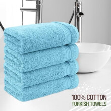Lot de 4 serviettes de toilette, 100 % coton turc, douces pour les mains et le visage, bleu ciel.
