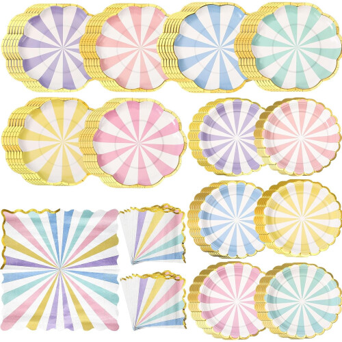 Ensemble d'assiettes et de serviettes jetables à rayures pastel
