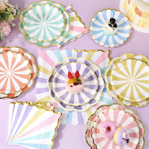 Ensemble d'assiettes et de serviettes jetables à rayures pastel 2